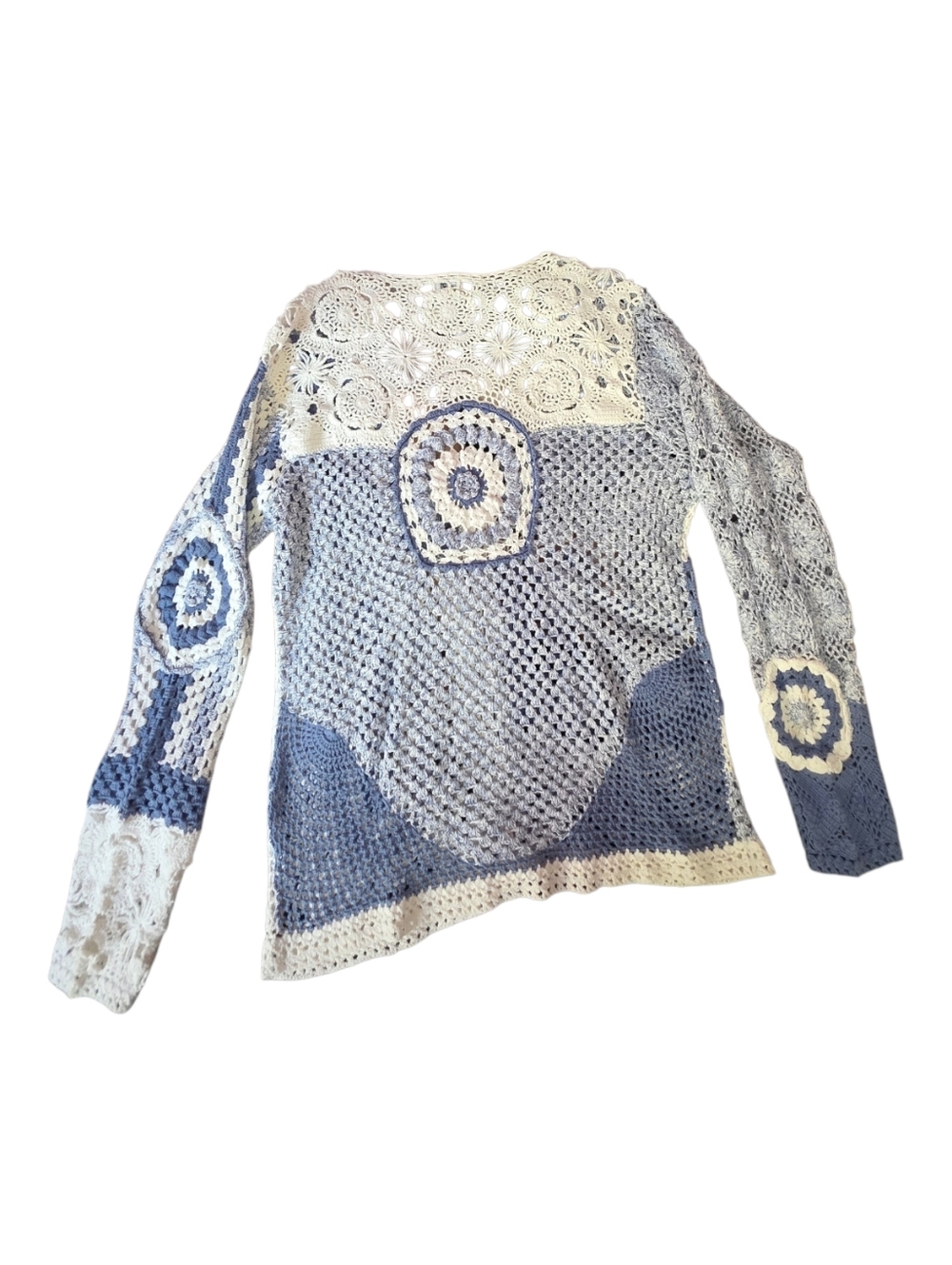 Together Blue & Cream Crochet Cardigan | Boho Patchwork Knit Sweater - Picture 3 of 7